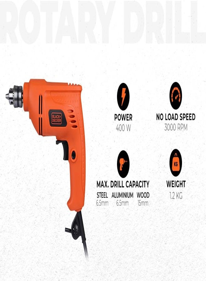 BLACK+DECKER BD65RD 400W 6.5mm Corded Variable Speed Reversible Rotary Drill for Home & DIY Use for Drilling Into Masonry & Wood, 1 Year Warranty, ORANGE & BLACK - Image 2